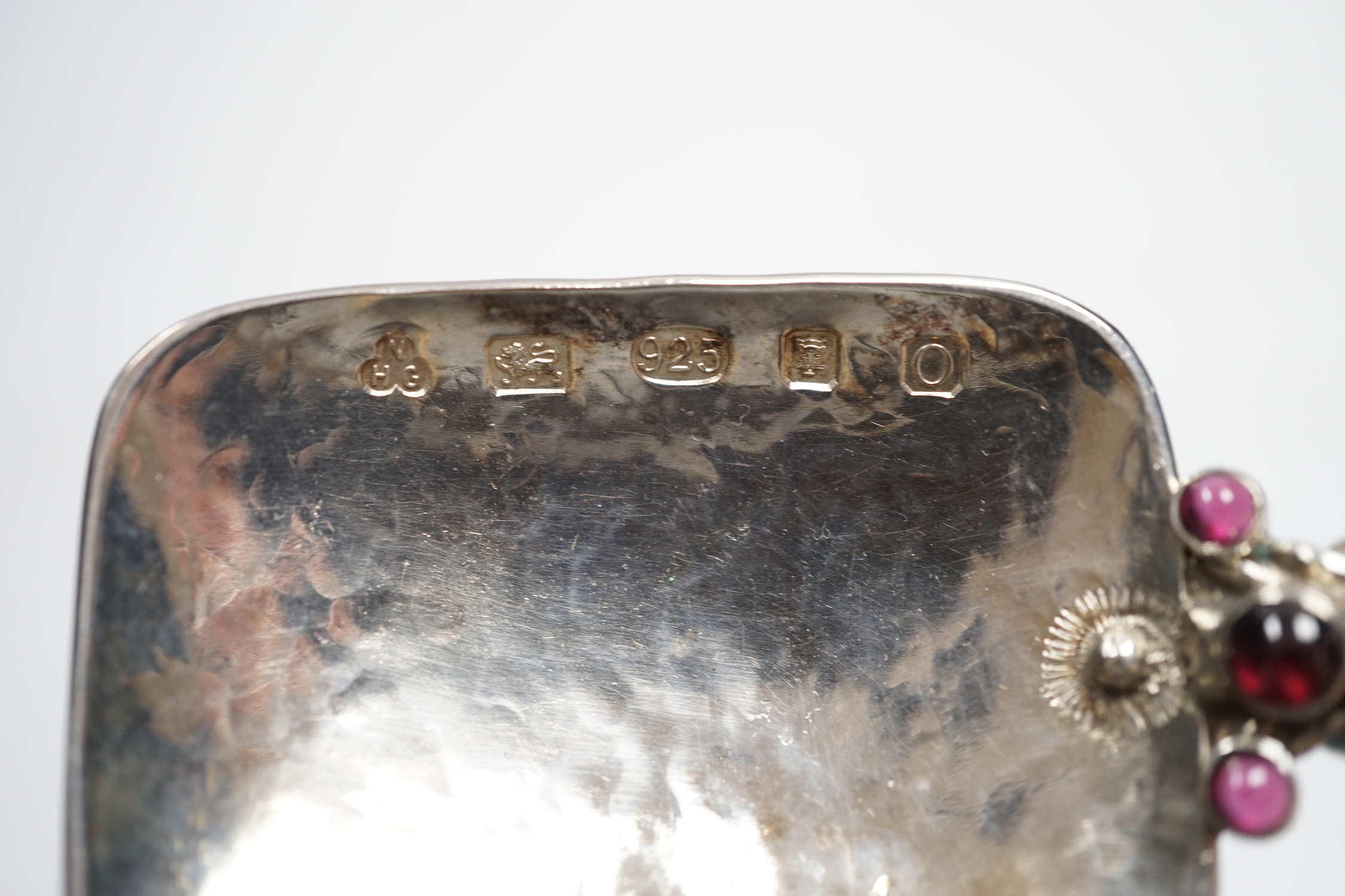 A modern Arts & Crafts silver and four stone cabochon garnet set spoon, maker HNG, London, 2013, 23cm, gross weight 115 grams.